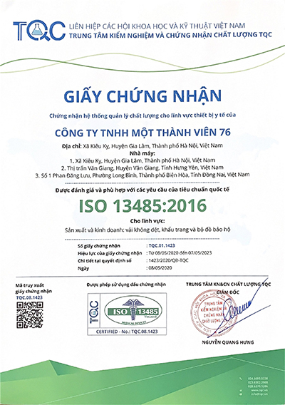 Chứng nhận ISO 13485:2016 - Bao bì, lều bạt Z76 - Công Ty TNHH MTV 76